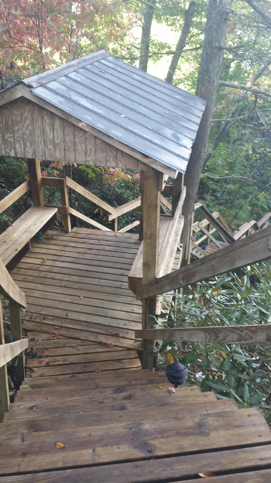 Metal roofed shelter over wooden steps on a wooded walkway — Skylight Repair & Installation work by our crew in Duncan